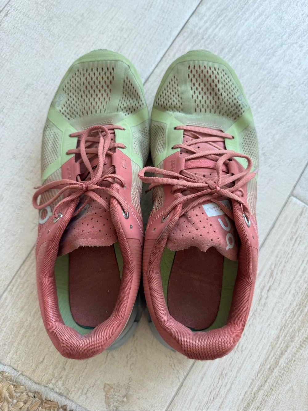 On Running Women's Coral Pink and Light Green Running Shoes - Picture 2 of 3